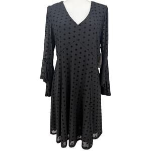 Siren Lily Black Polka Dot Long Flounce Sleeve V-Neck Lined Whimsy Dress L NWT